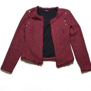 Monteau Red & Blue Tweed Studded Open Front Blazer Size Small Fringe